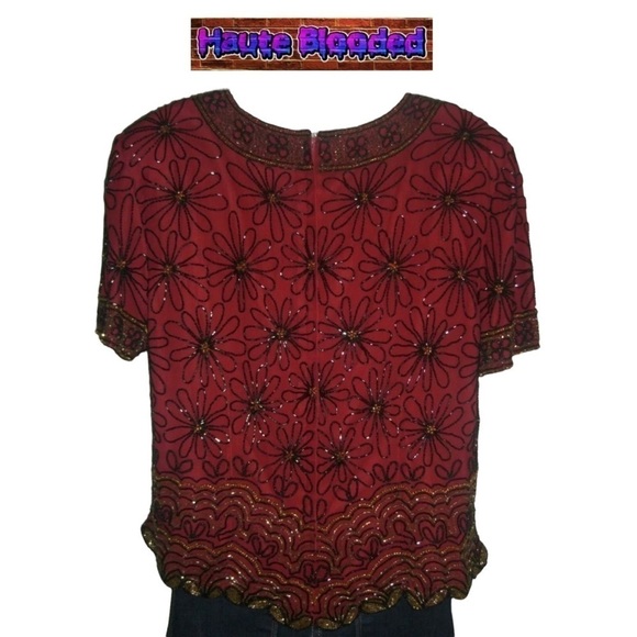 Vintage Adrianna Papell Boutique Red Silk Blouse Beaded Floral Flapper 20's VTG - Picture 4 of 11